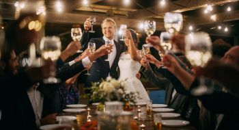 a bride and groom surrounded by their bridesmaids and groomsmen