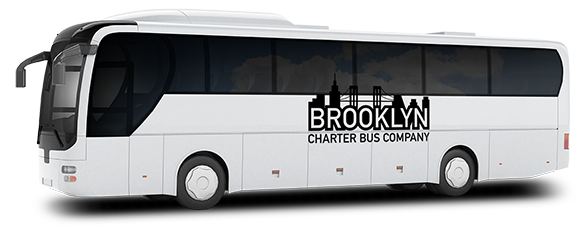 a plain white charter bus with a brooklyn charter bus company logo on it